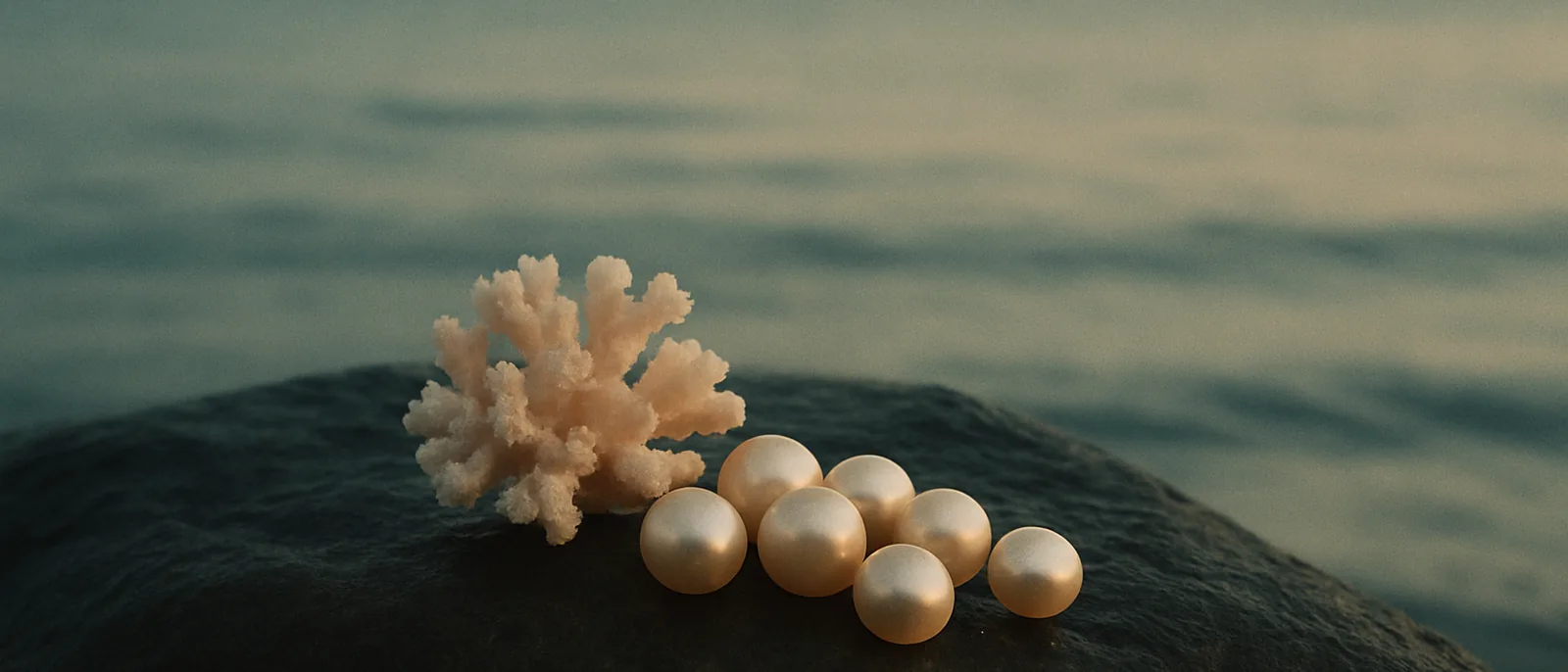 Still life of pearls and pale coral resting on wet dark stone beside calm water, warm low light